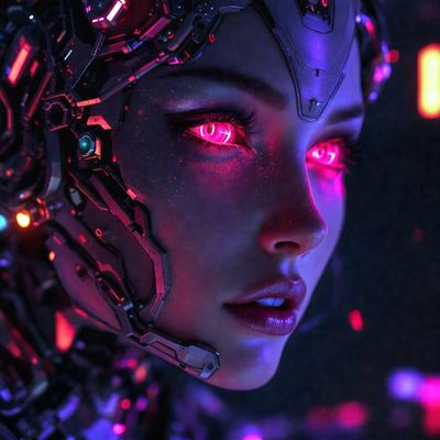 The primary subject of the image is a woman with glowing red eyes, wearing a futuristic, high-tech headpiece. The setting is a dark room with a purple hue, creating a mysterious and intriguing atmosphere. The visual style is a combination of digital art and illustration, with the woman's eyes and the headpiece being the focal points of the image. The colors and mood are predominantly purple and dark, with the red eyes adding a striking contrast to the overall scene.